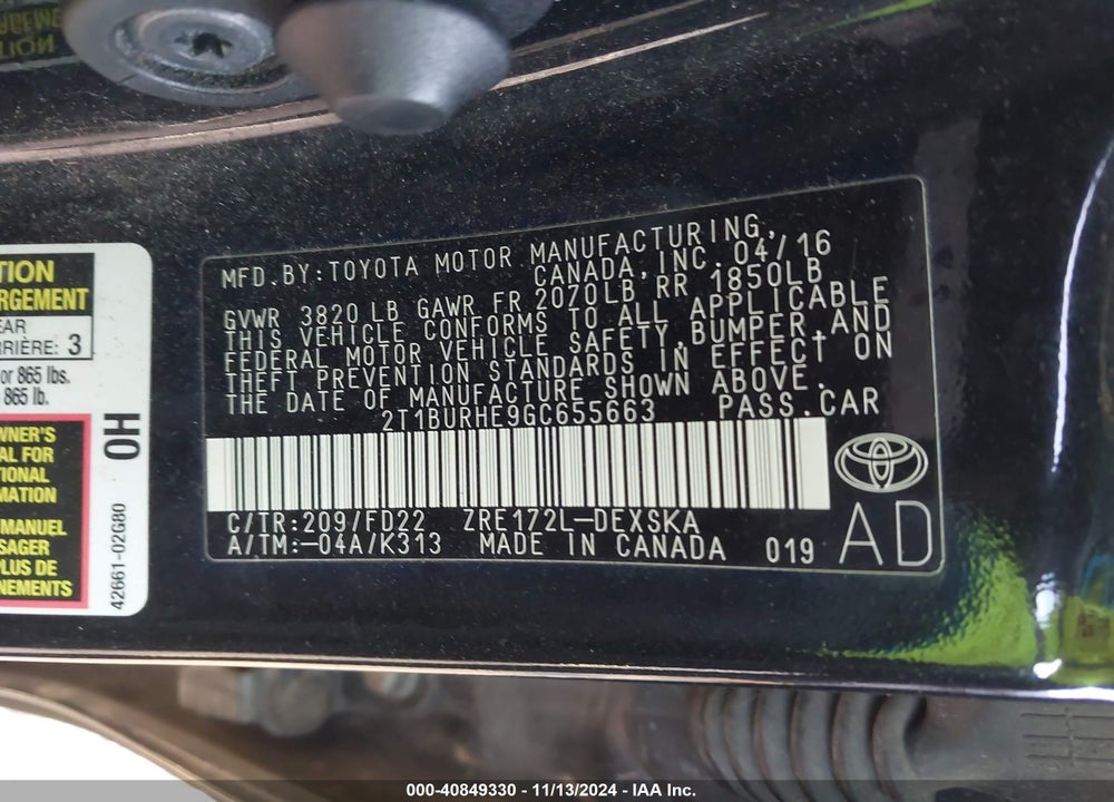 2016 TOYOTA COROLLA S PLUS VIN: 2T1BURHE9GC655663
