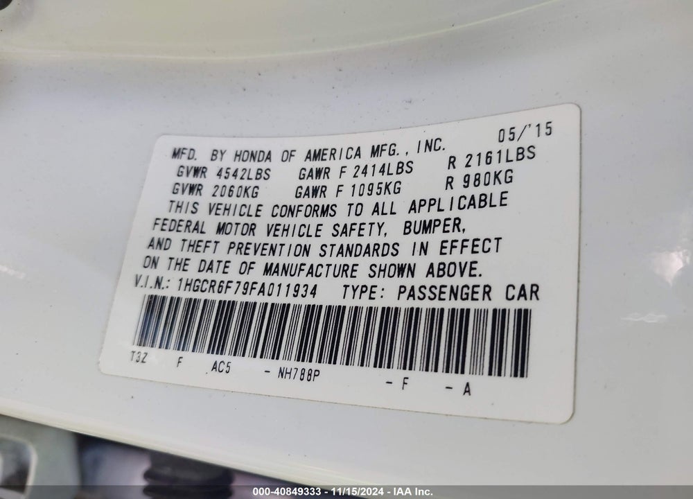 2015 HONDA ACCORD HYBRID VIN: 1HGCR6F79FA011934