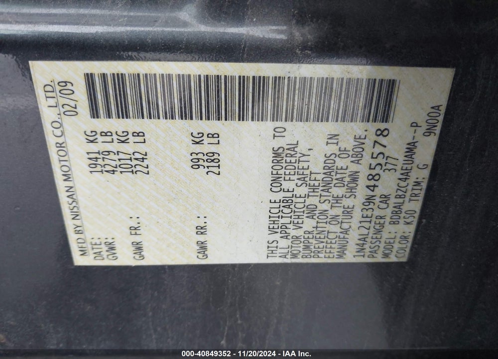 2009 NISSAN ALTIMA 2.5 S VIN: 1N4AL21E39N485578