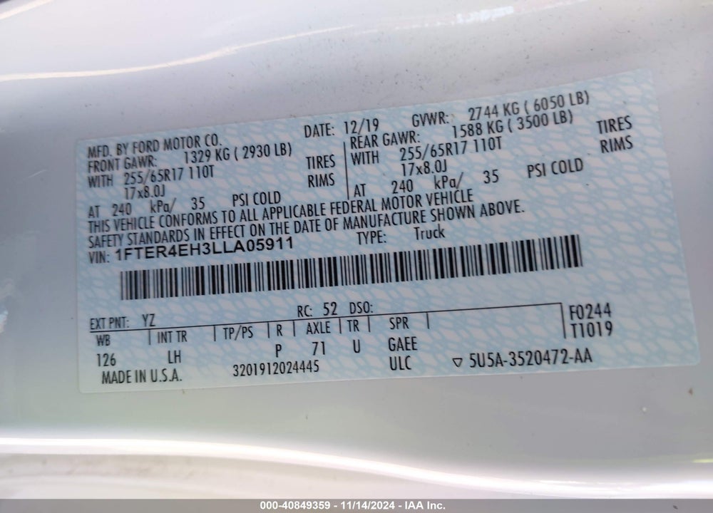 2020 RANGER FORD  XLT VIN: 1FTER4EH3LLA05911