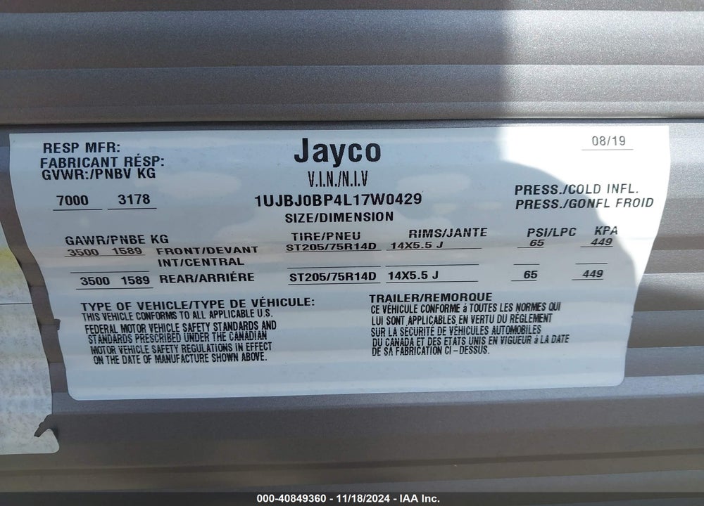 2020 JAYCO JAY FLIGHT TRAVEL TRAILER VIN: 1UJBJ0BP4L17W0429