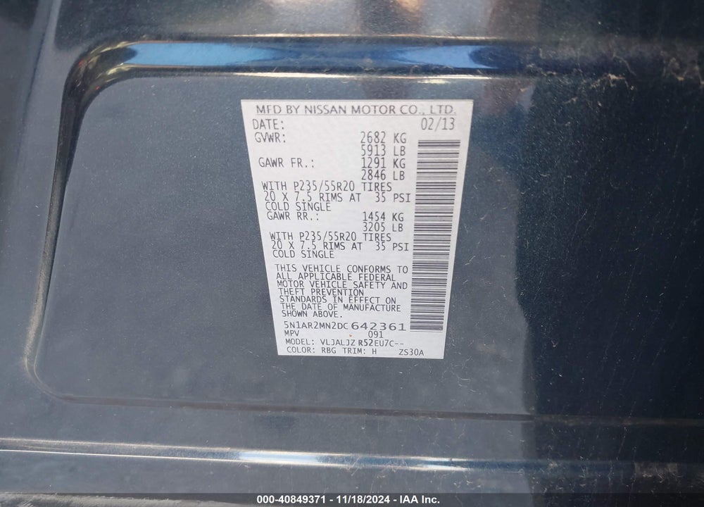 2013 NISSAN PATHFINDER PLATINUM VIN: 5N1AR2MN2DC642361