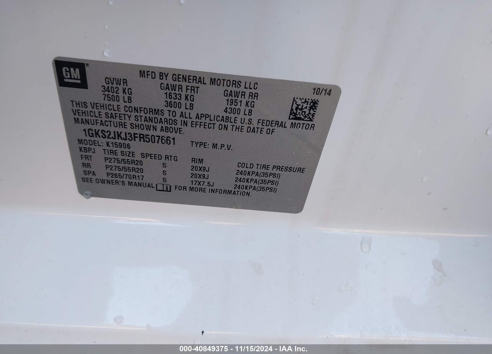 2015 GMC YUKON XL 1500 DENALI VIN: 1GKS2JKJ3FR507661