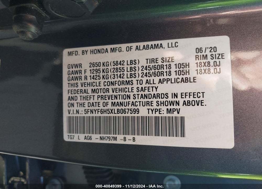 2020 HONDA PILOT AWD EX-L VIN: 5FNYF6H5XLB067599