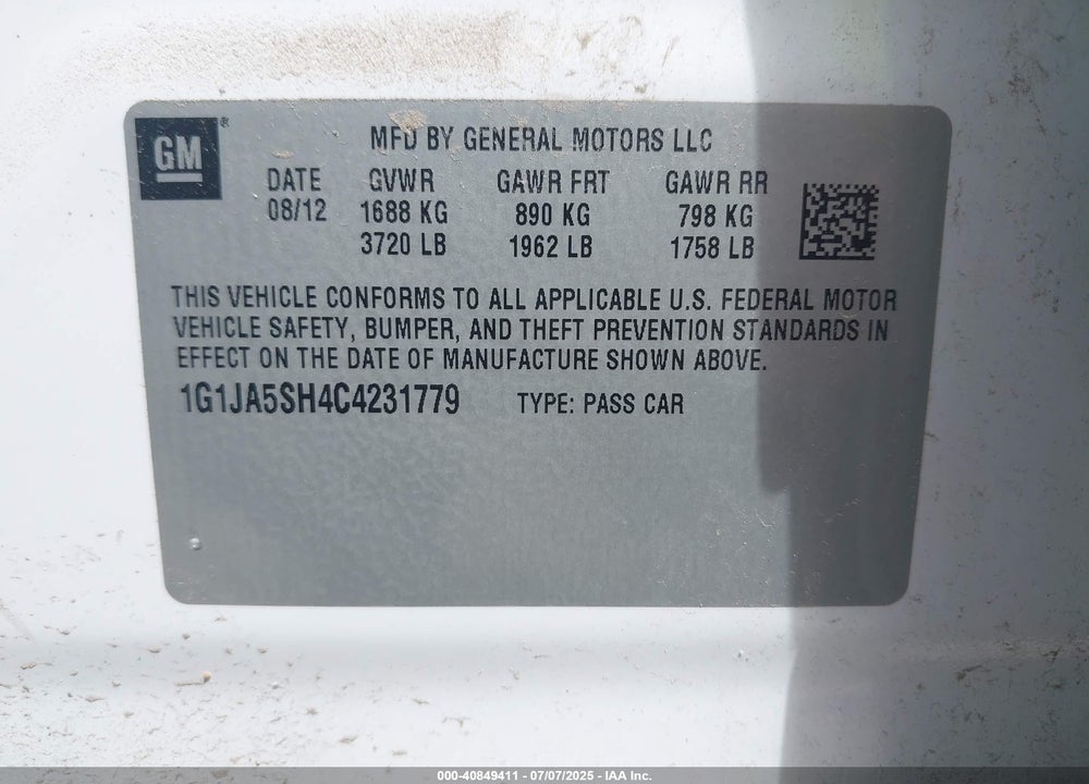 2012 CHEVROLET SONIC VIN: 1G1JA5SH4C4231779
