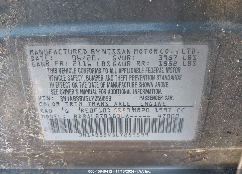 2020 NISSAN SENTRA S XTRONIC CVT VIN: 3N1AB8BV5LY259599