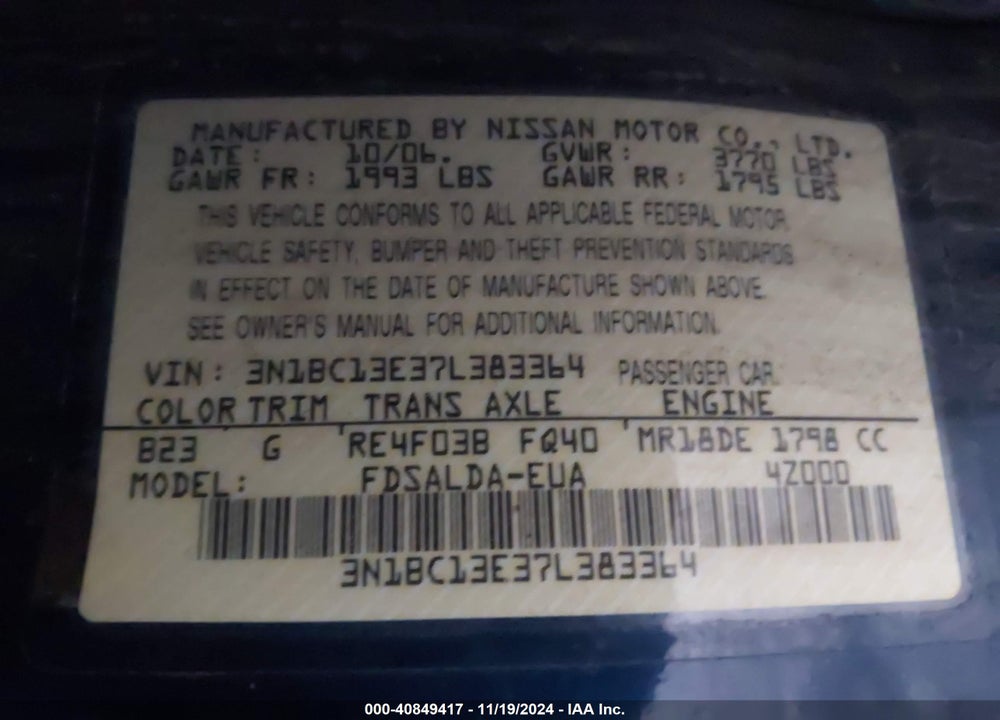 2007 NISSAN VERSA 1.8S VIN: 3N1BC13E37L383364