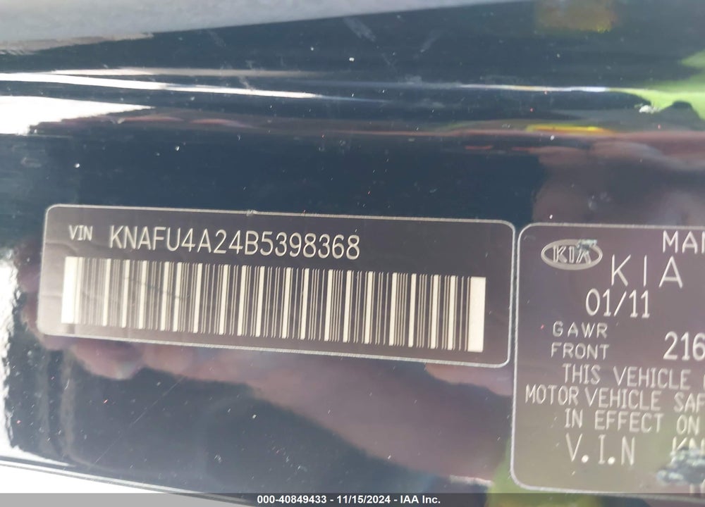 2011 KIA FORTE VIN: KNAFU4A24B5398368
