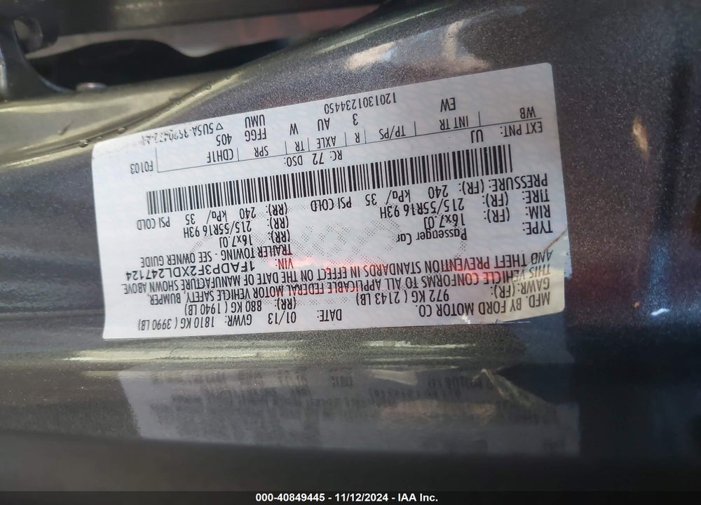 2013 FORD FOCUS SE VIN: 1FADP3F2XDL247124
