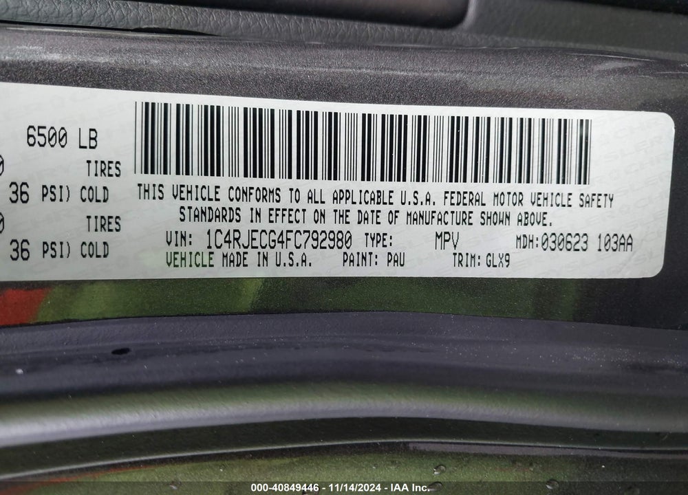 2015 JEEP GRAND CHEROKEE OVERLAND VIN: 1C4RJECG4FC792980
