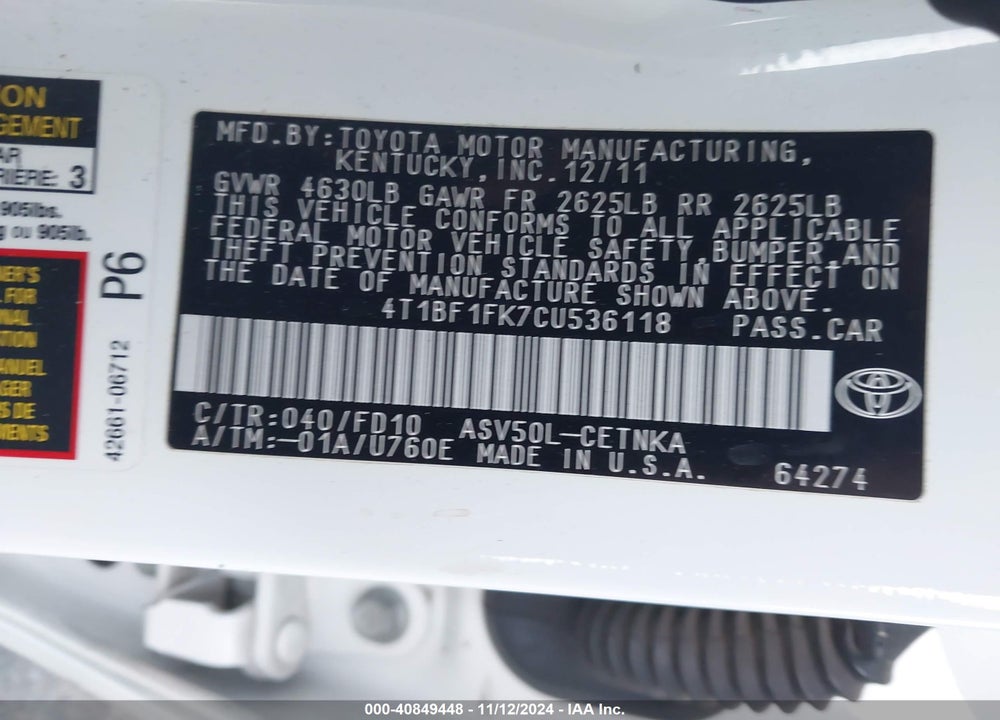 2012 TOYOTA CAMRY LE VIN: 4T1BF1FK7CU536118