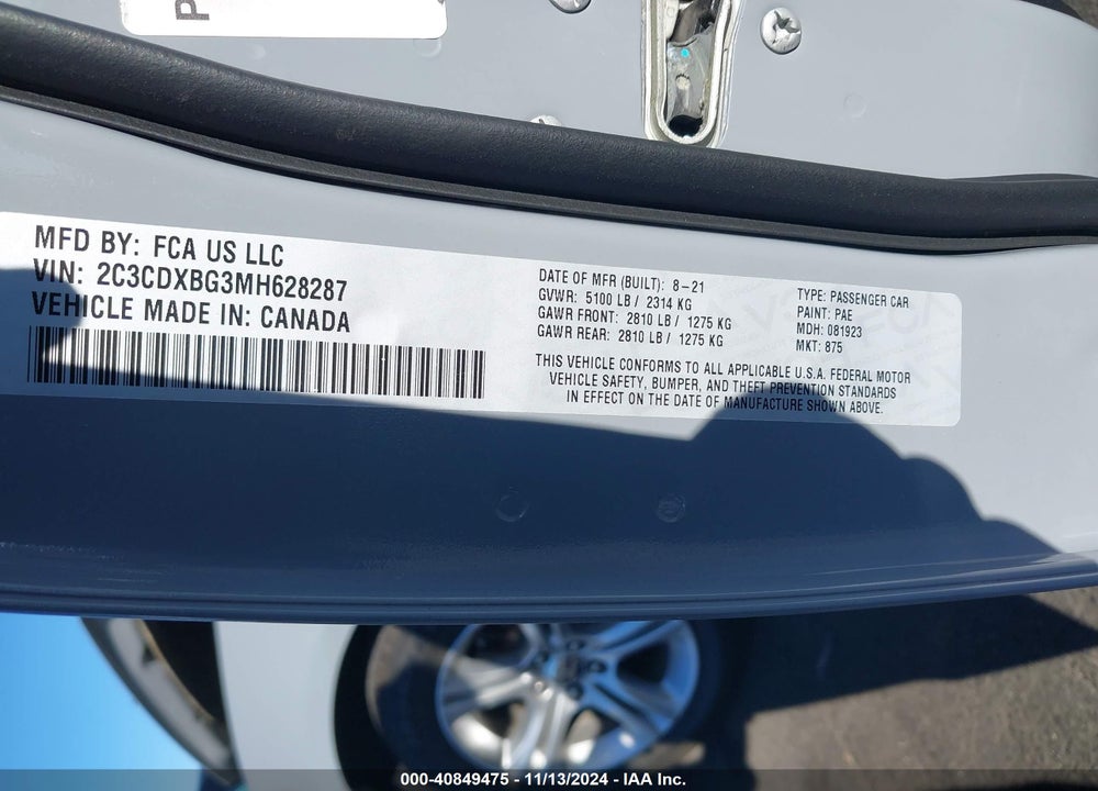 2021 DODGE CHARGER SXT RWD VIN: 2C3CDXBG3MH628287