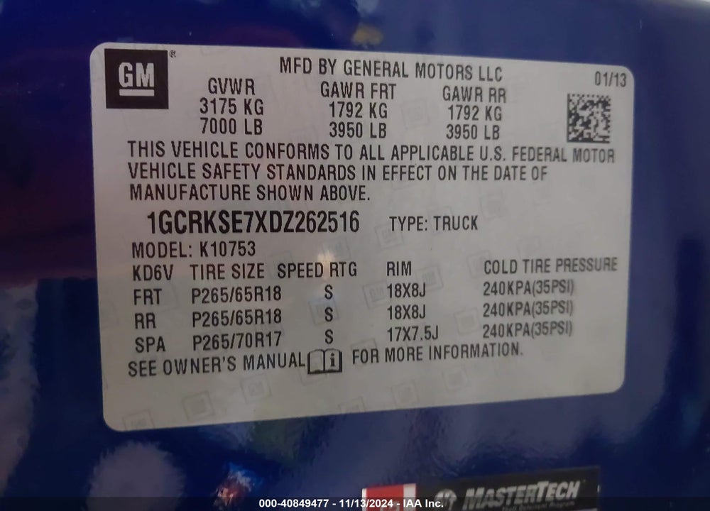 2013 CHEVROLET SILVERADO 1500 LT VIN: 1GCRKSE7XDZ262516