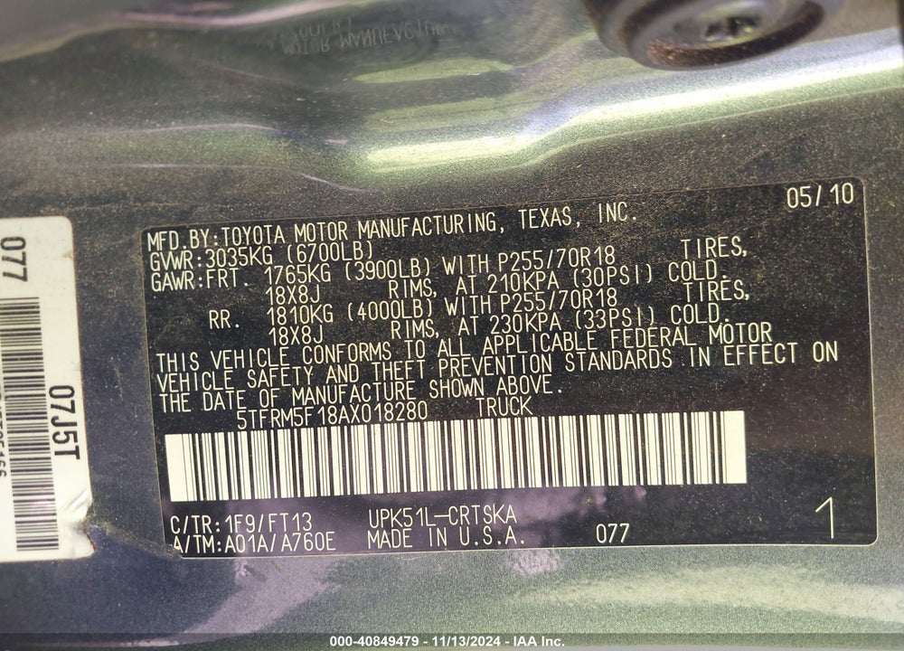 2010 TOYOTA TUNDRA VIN: 5TFRM5F18AX018280