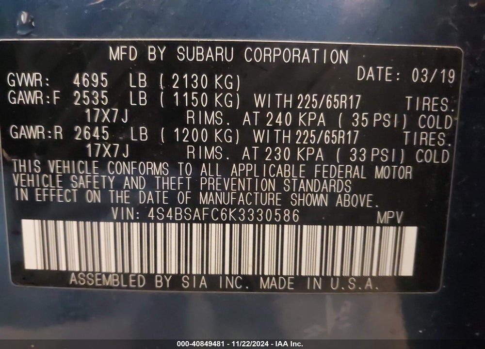 2019 SUBARU OUTBACK 2.5I PREMIUM VIN: 4S4BSAFC6K3330586