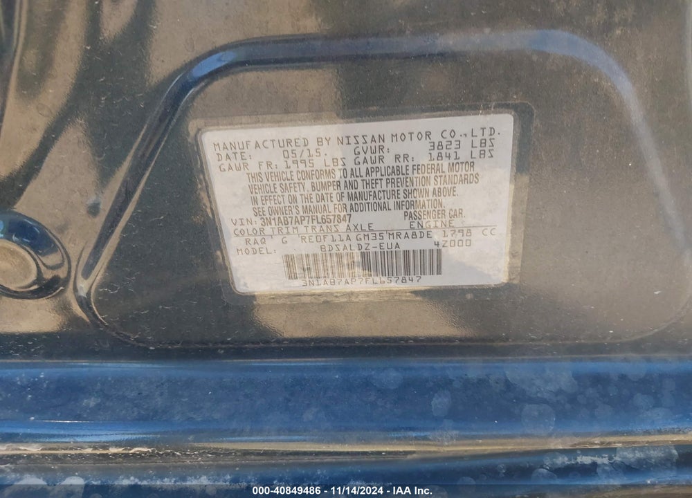2015 NISSAN SENTRA SV VIN: 3N1AB7AP7FL657847