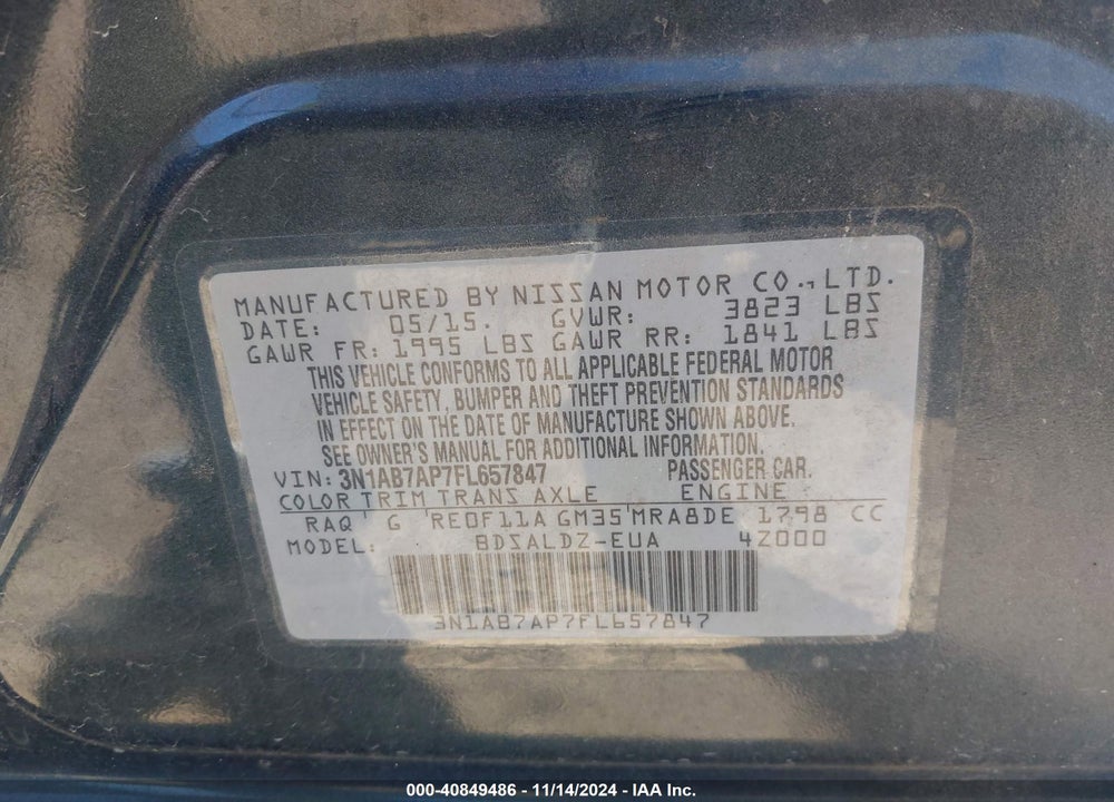 2015 NISSAN SENTRA SV VIN: 3N1AB7AP7FL657847