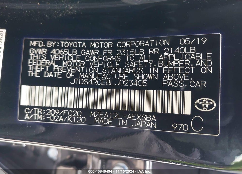 2020 TOYOTA COROLLA SE VIN: JTDS4RCE8LJ023405