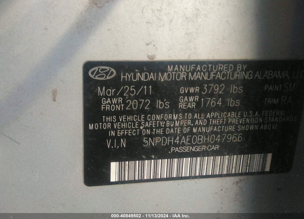 2011 HYUNDAI ELANTRA GLS VIN: 5NPDH4AE0BH047966