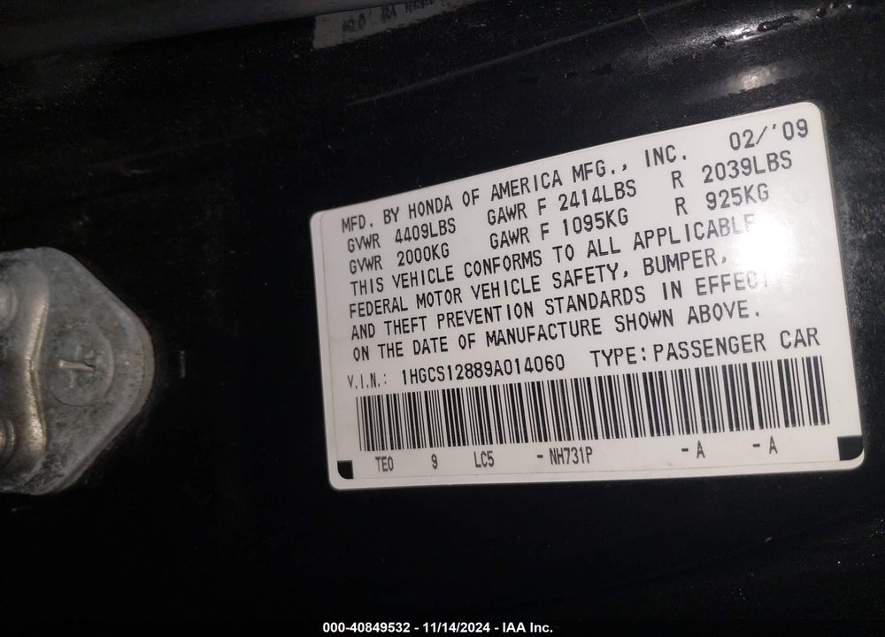 2009 HONDA ACCORD 2.4 EX-L VIN: 1HGCS12889A014060