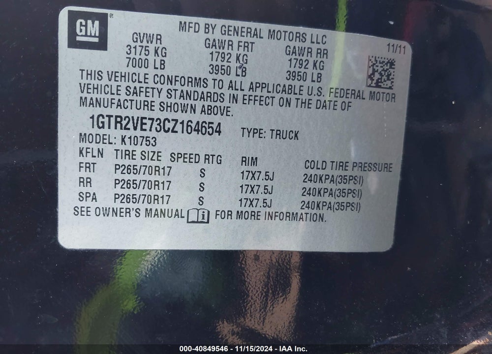 2012 SIERRA GMC  1500 SLE VIN: 1GTR2VE73CZ164654
