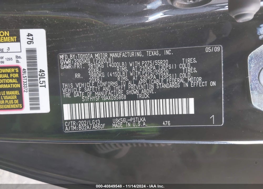 2010 TOYOTA TUNDRA CREWMAX LIMITED VIN: 5TFHY5F19AX095868