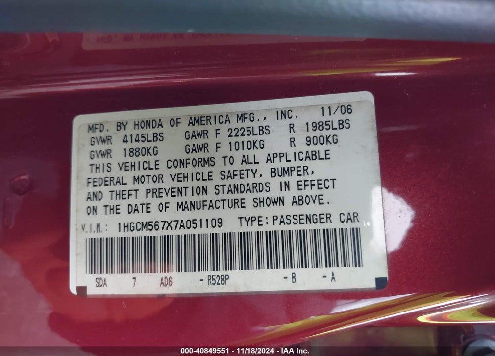 2007 HONDA ACCORD 2.4 EX VIN: 1HGCM567X7A051109