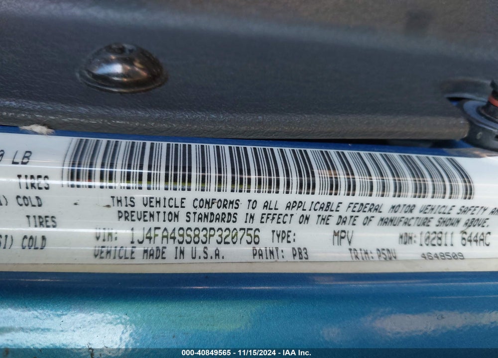 2003 JEEP WRANGLER SPORT VIN: 1J4FA49S83P320756