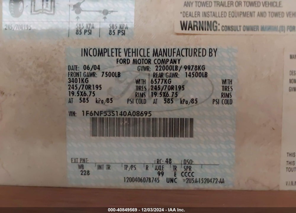 2004 FORD F550 SUPER DUTY STRIPPED CHASS VIN: 1F6NF53S140A08695