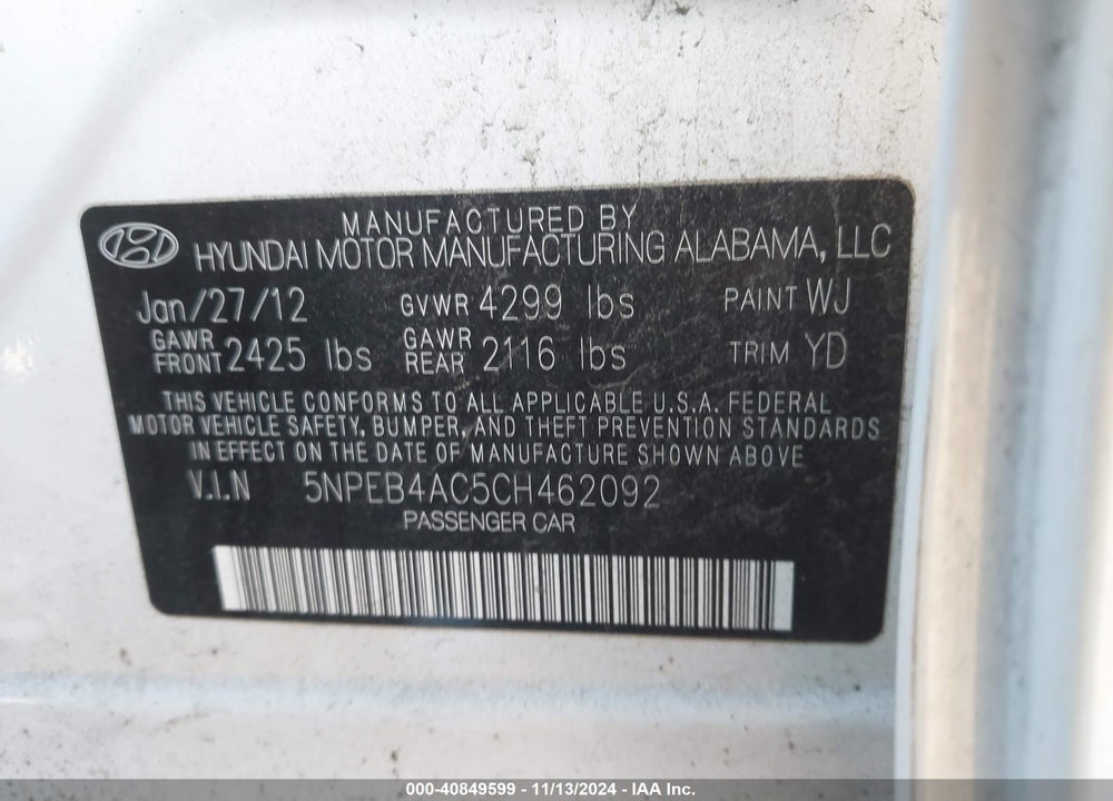 2012 HYUNDAI SONATA GLS VIN: 5NPEB4AC5CH462092