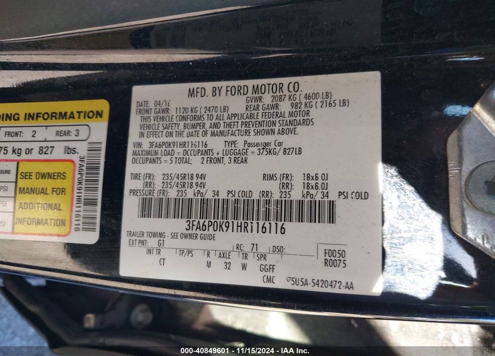 2017 FORD FUSION VIN: 3FA6P0K91HR116116