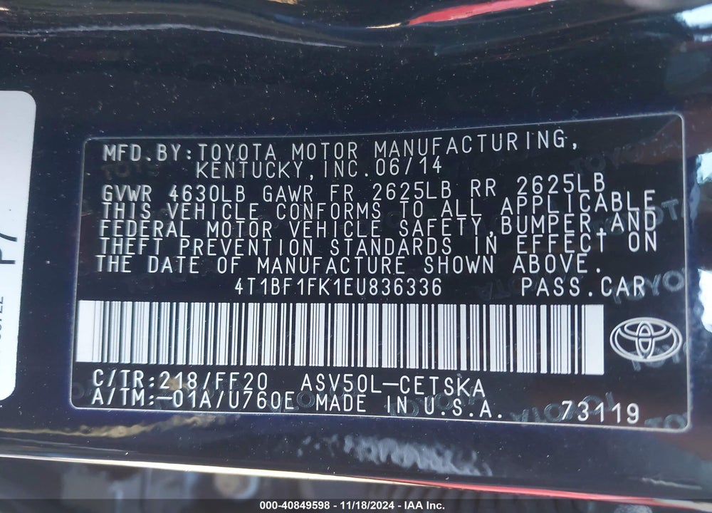 2014 TOYOTA CAMRY SE VIN: 4T1BF1FK1EU836336