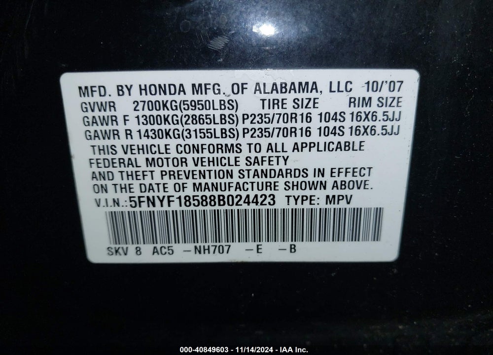 2008 HONDA PILOT EX-L VIN: 5FNYF18588B024423