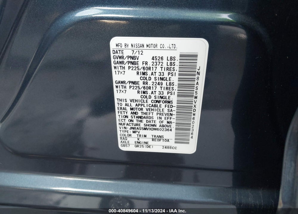 2013 NISSAN ROGUE SV VIN: JN8AS5MVXDW602364