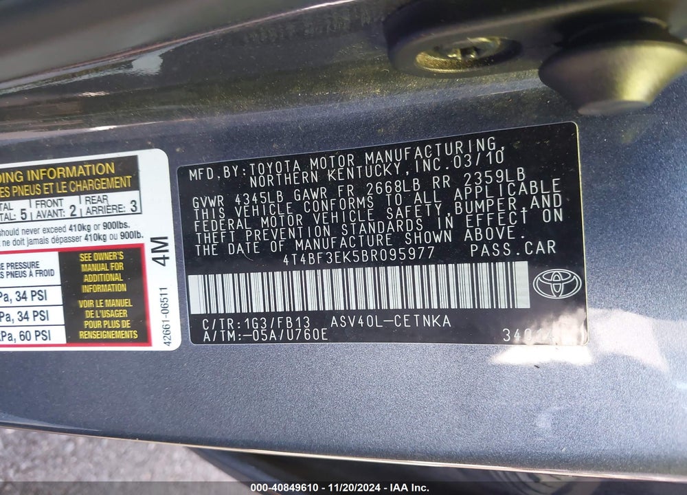 2011 TOYOTA CAMRY LE VIN: 4T4BF3EK5BR095977