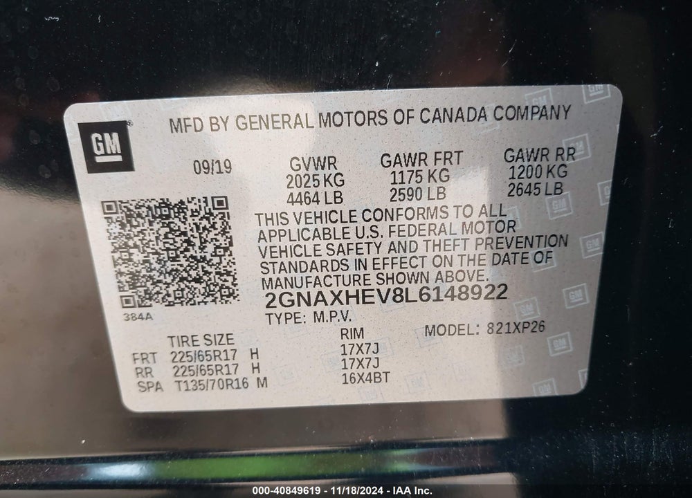 2020 CHEVROLET EQUINOX FWD LS VIN: 2GNAXHEV8L6148922