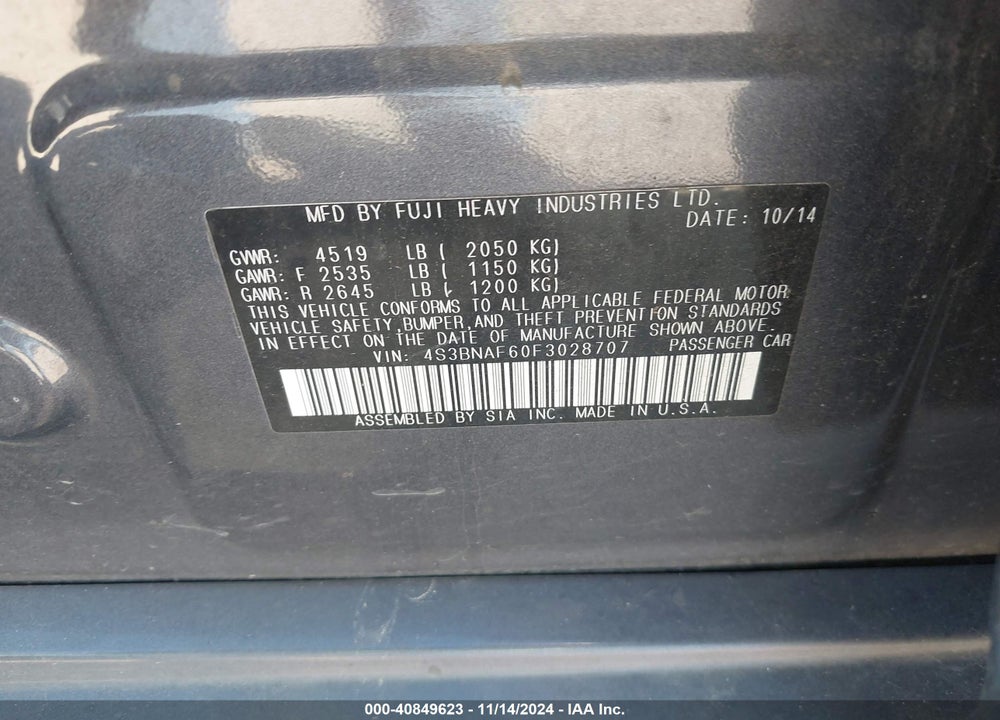 2015 SUBARU LEGACY 2.5I PREMIUM VIN: 4S3BNAF60F3028707