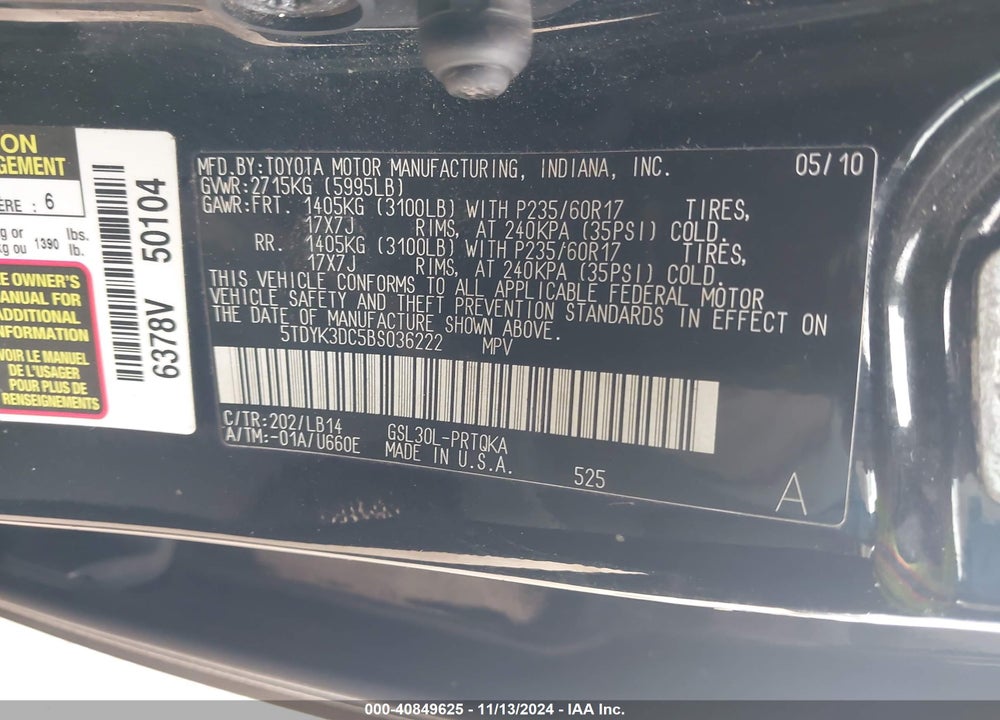 2011 TOYOTA SIENNA XLE V6 VIN: 5TDYK3DC5BS036222