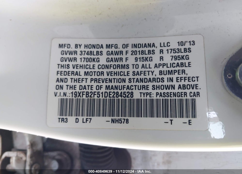 2013 HONDA CIVIC LX VIN: 19XFB2F51DE284528