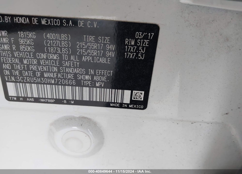 2017 HONDA HR-V LX VIN: 3CZRU5H30HM720666