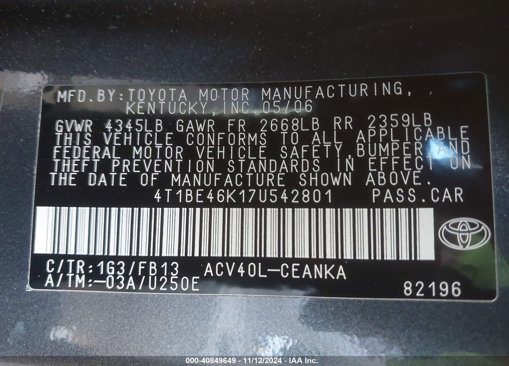 2007 TOYOTA CAMRY LE VIN: 4T1BE46K17U542801