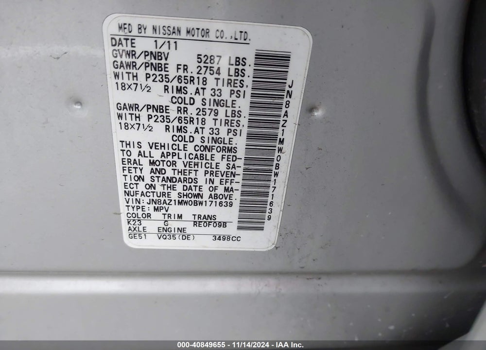 2011 NISSAN MURANO S VIN: JN8AZ1MW0BW171639