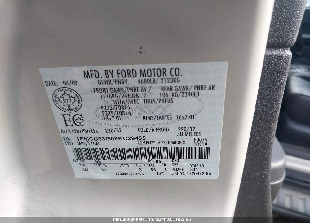 2009 FORD ESCAPE XLT VIN: 1FMCU93G69KC29455