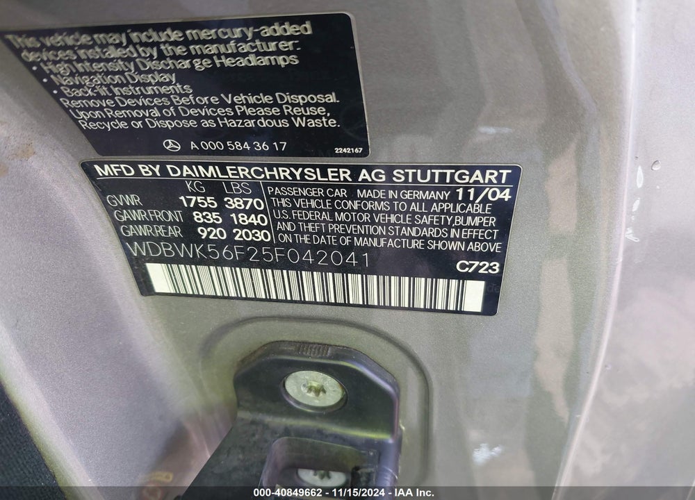 2005 MERCEDES-BENZ SLK 350 VIN: WDBWK56F25F042041