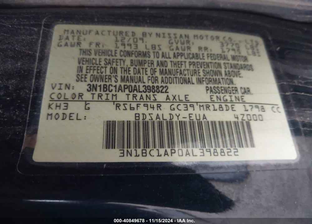 2010 NISSAN VERSA 1.8S VIN: 3N1BC1AP0AL398822