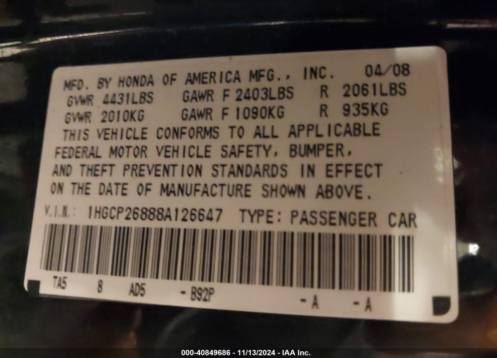 2008 HONDA ACCORD 2.4 EX-L VIN: 1HGCP26888A126647