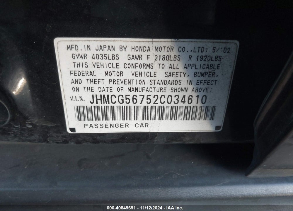 2002 HONDA ACCORD 2.3 SE VIN: JHMCG56752C034610
