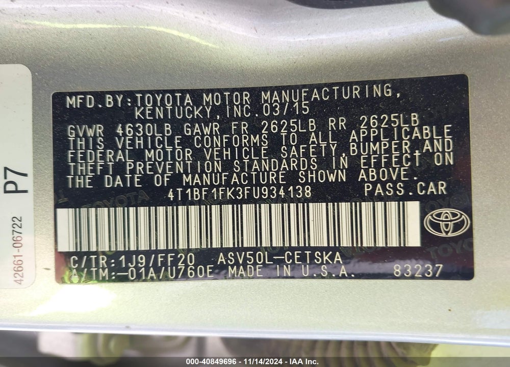 2015 TOYOTA CAMRY SE VIN: 4T1BF1FK3FU934138