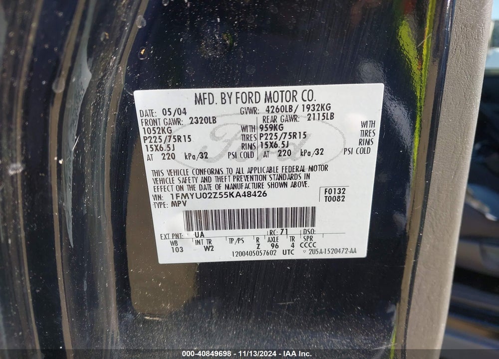 2005 FORD ESCAPE XLS VIN: 1FMYU02Z55KA48426