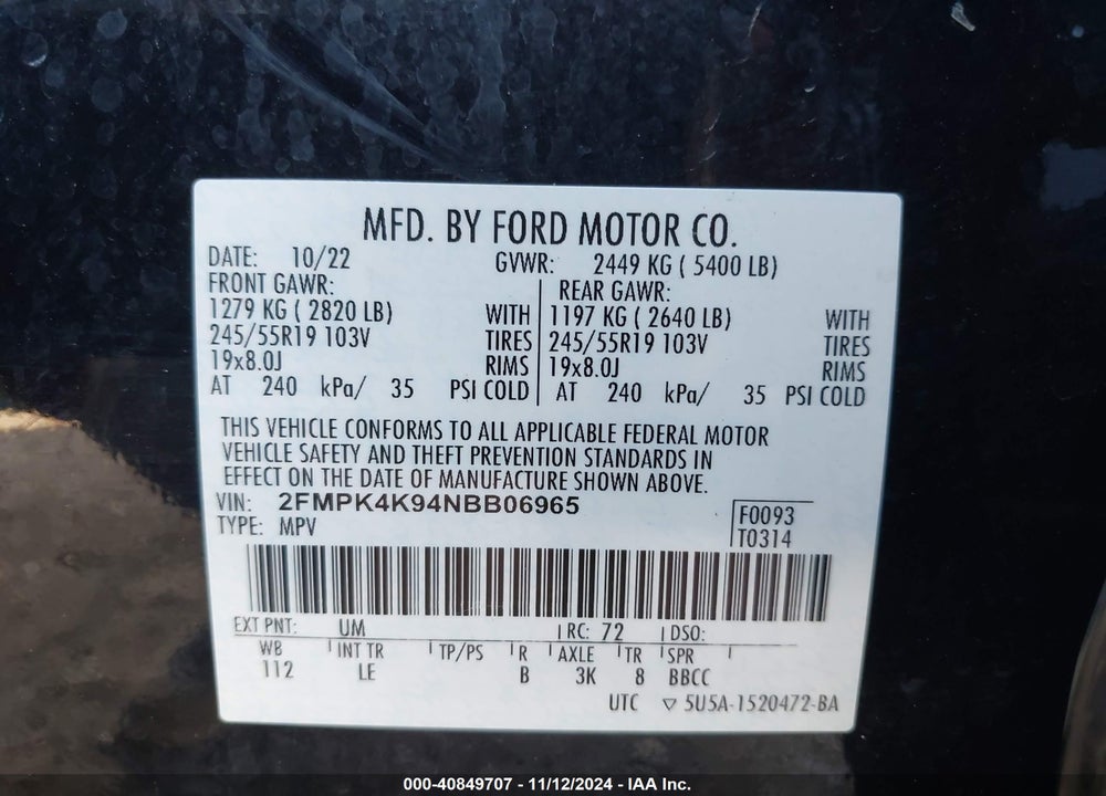 2022 FORD EDGE TITANIUM VIN: 2FMPK4K94NBB06965